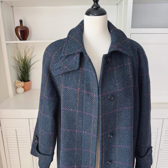Vintage Evan Picone 100% Wool Navy Herringbone Plaid Long Coat Size M/L - Picture 1 of 8